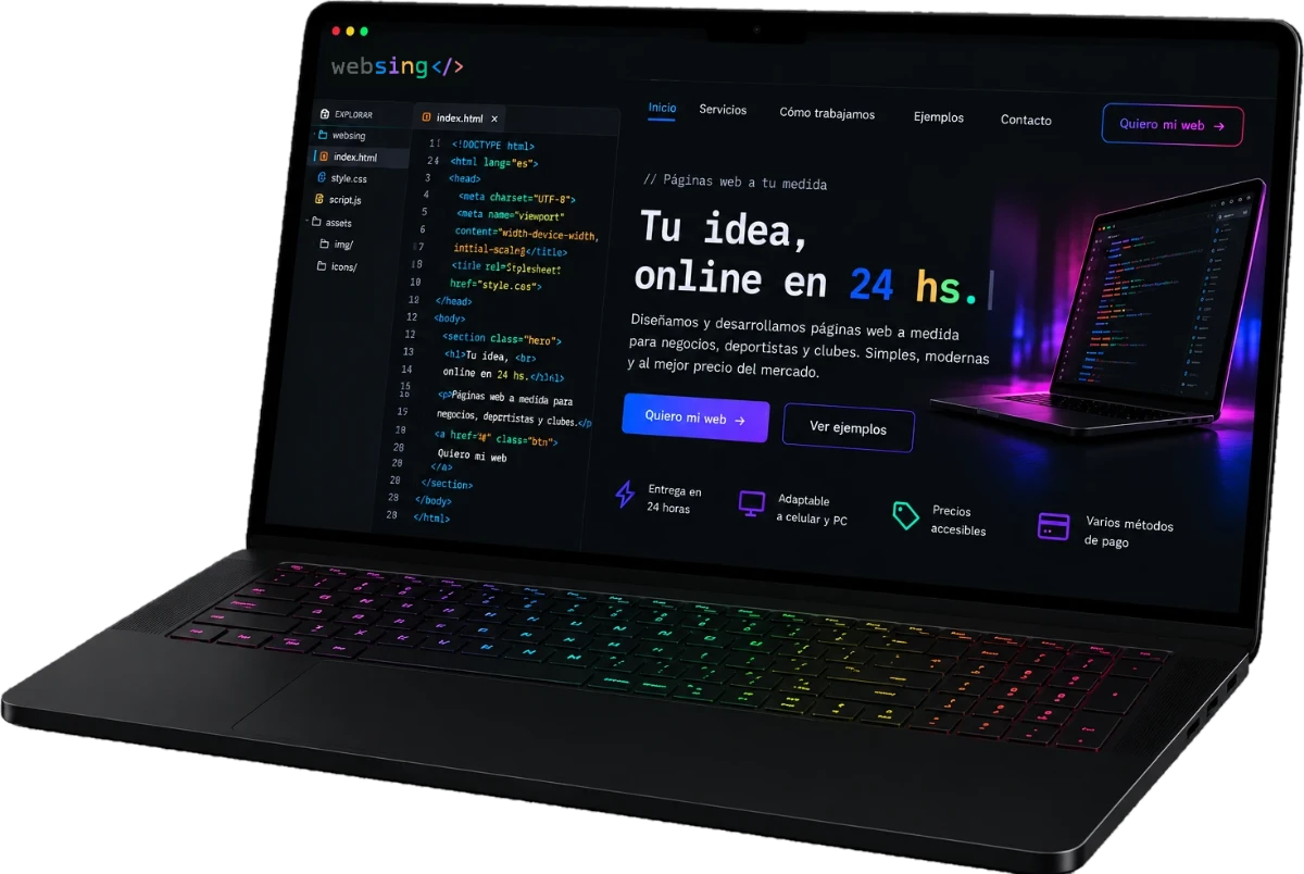 Laptop mostrando el código y la web de websing
